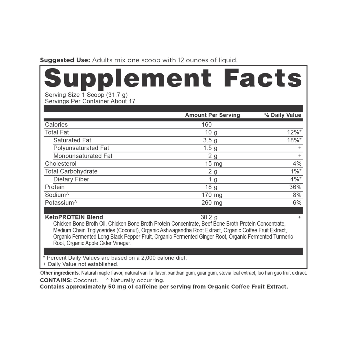 Keto Protein Powder Vanilla (17 Servings) supplement facts panel