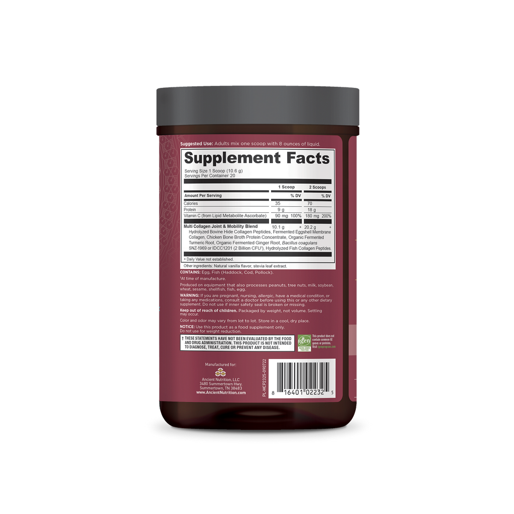 Multi Collagen Protein Joint & Mobility Powder Vanilla (20 Servings) back of bottle