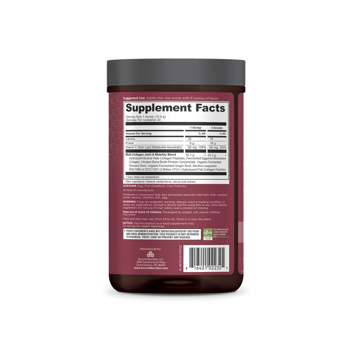Multi Collagen Protein Joint & Mobility Powder Vanilla (20 Servings) back of bottle