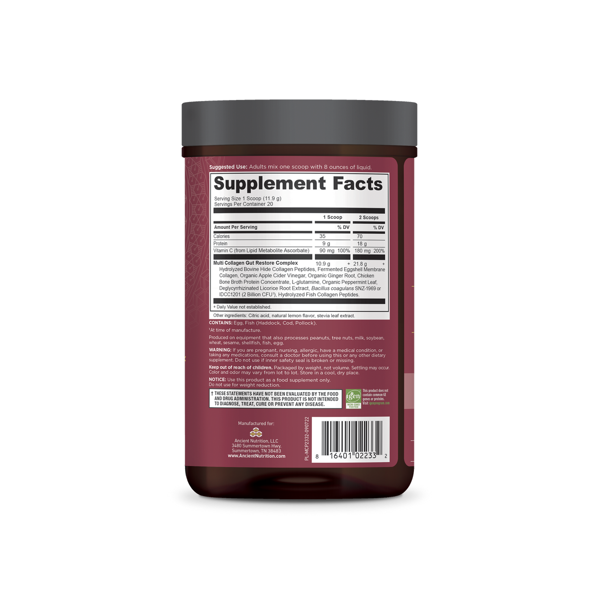 Multi Collagen Protein Gut Restore Powder Lemon Ginger (20 Servings) back of bottle