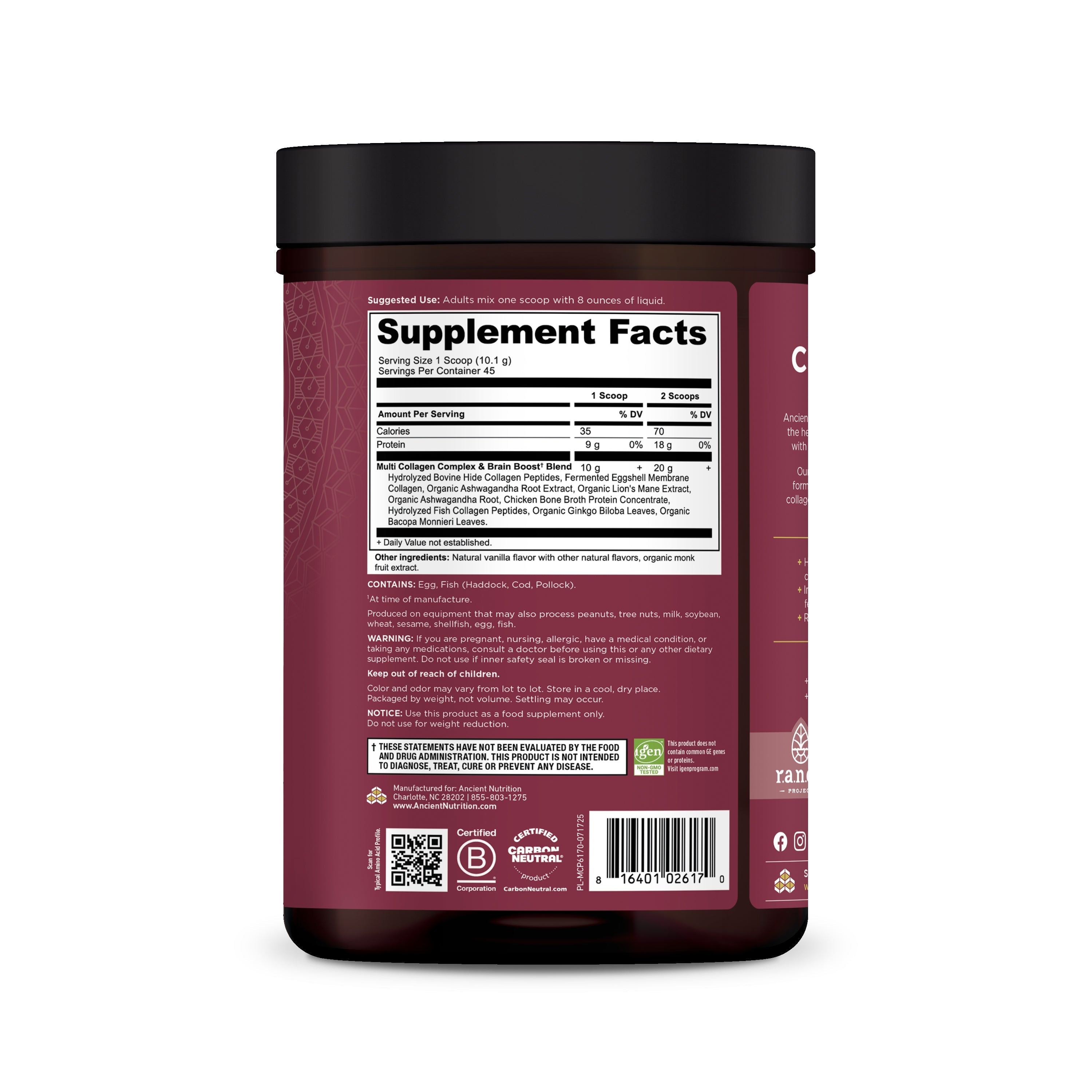 Multi Collagen Protein Brain Boost Powder (45 Servings) side of bottle image