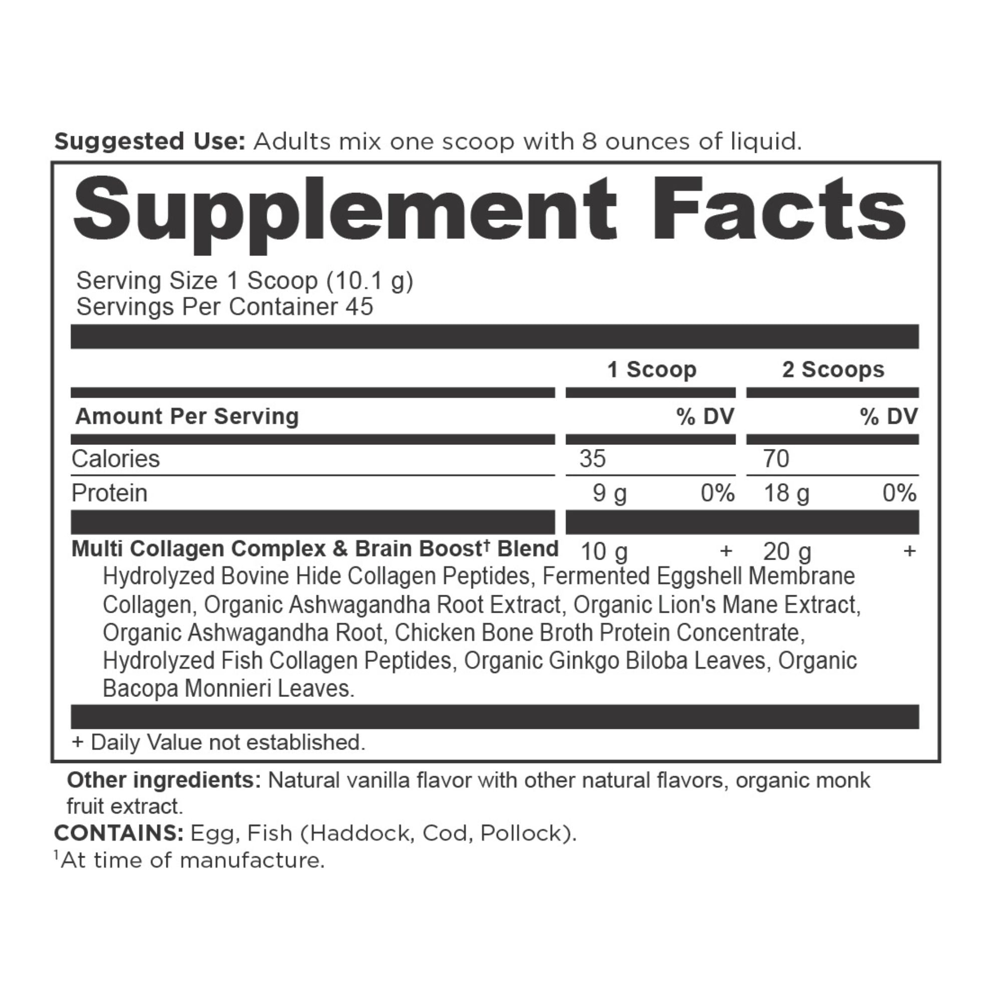 Multi Collagen Protein Brain Boost Powder (45 Servings) supplement facts panel