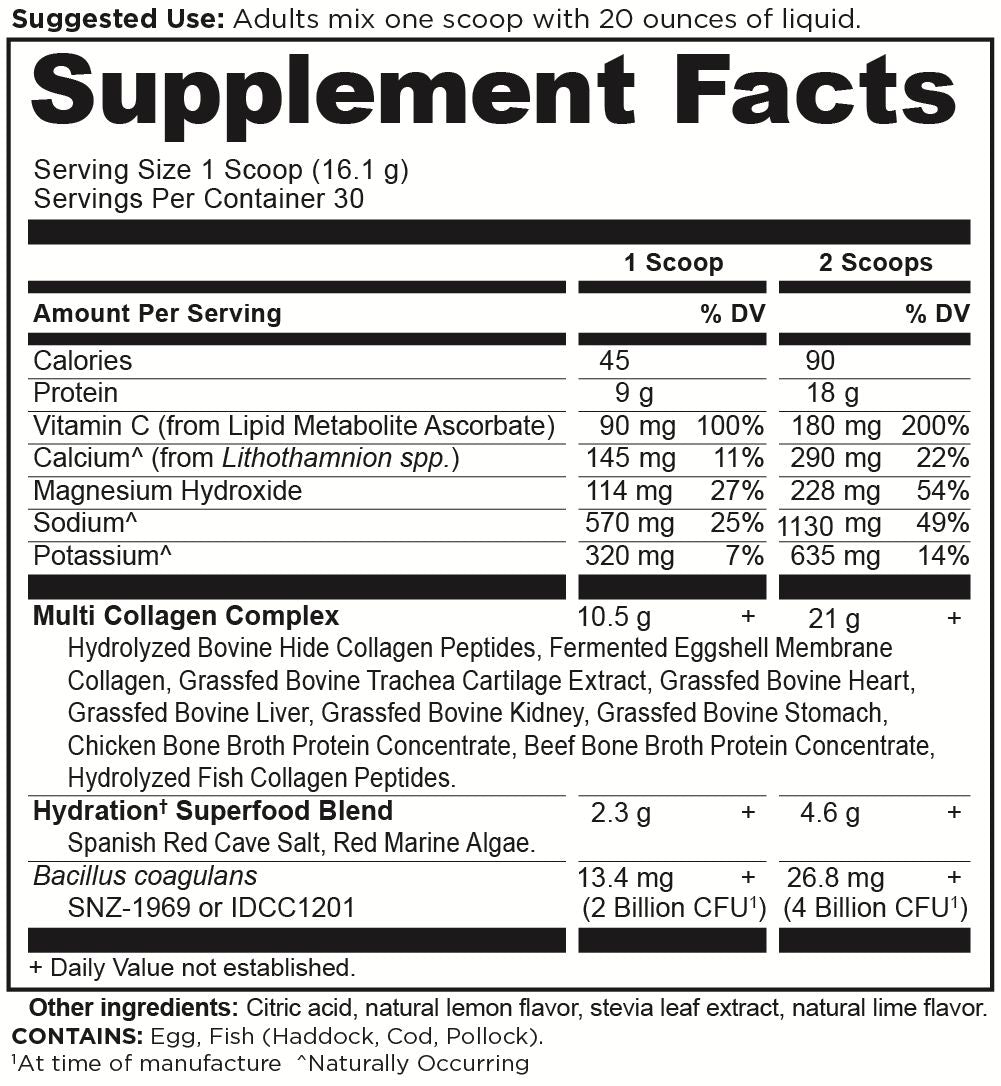 Multi Collagen Advanced Hydrate Powder Lemon Lime (30 Servings) supplement facts panel