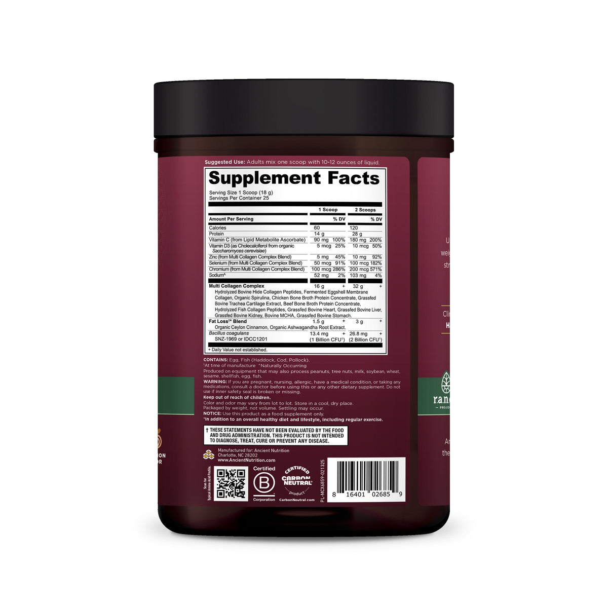 Multi Collagen Advanced Lean Powder Cinnamon (25 Servings) back of bottle