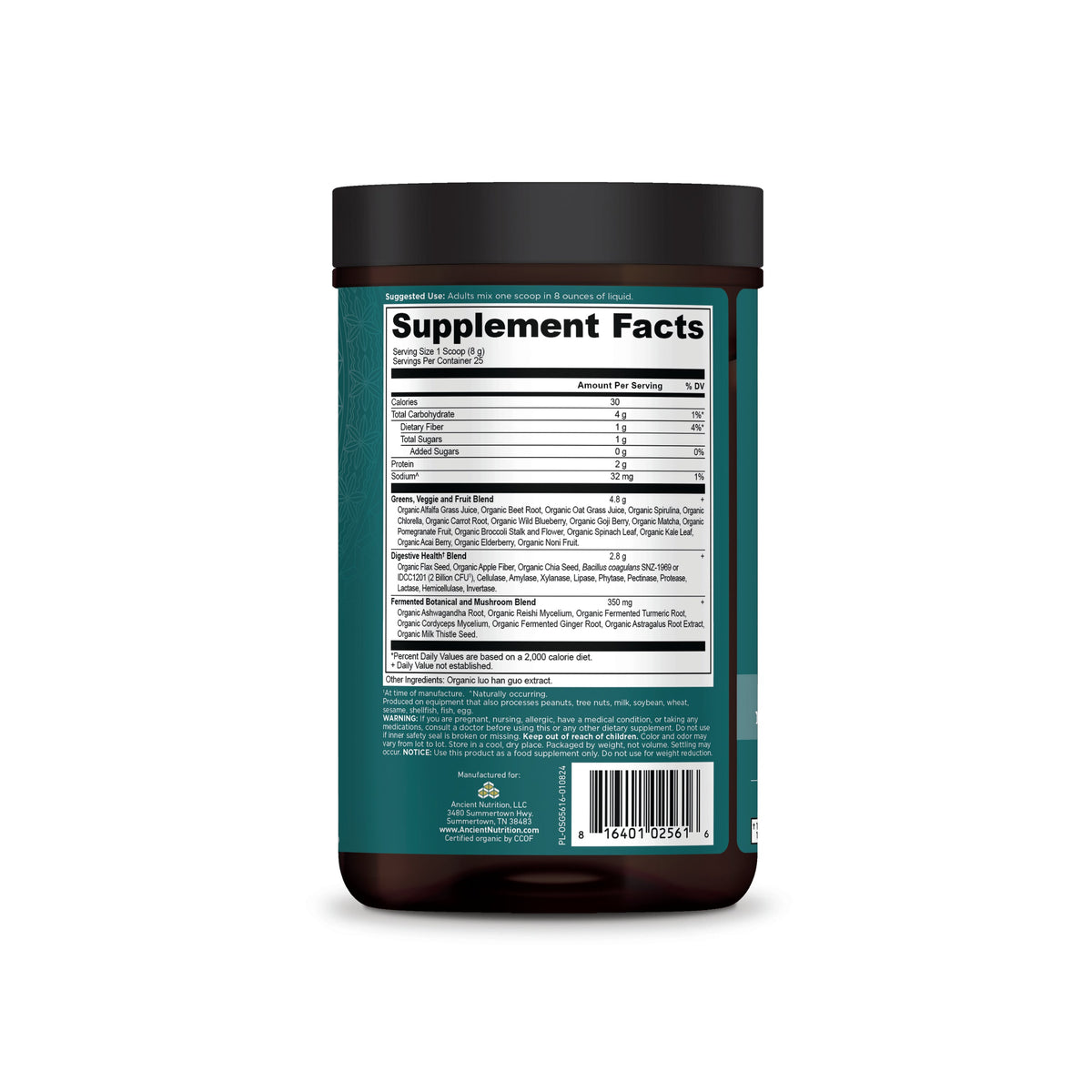 Organic SuperGreens Powder Greens Flavor (25 Servings) side of bottle image