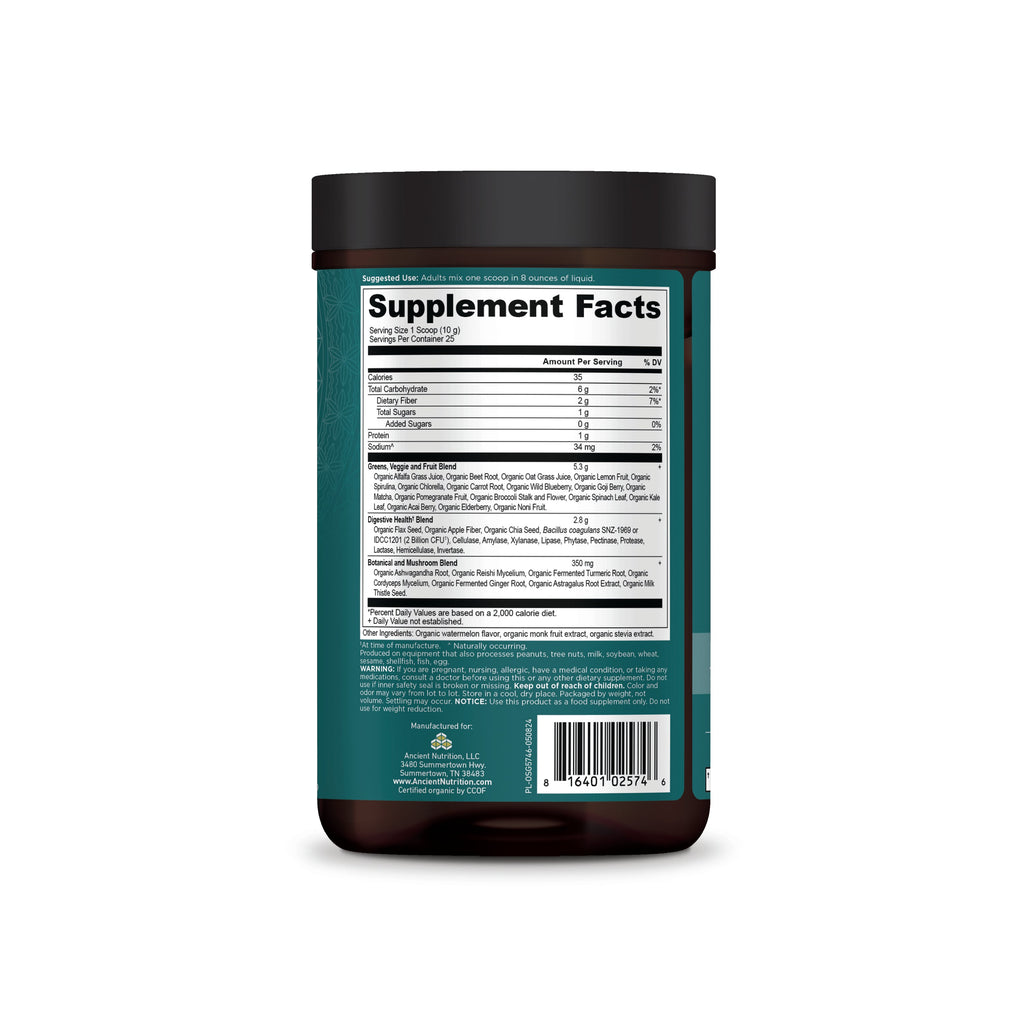 Organic SuperGreens Powder Watermelon Flavor (25 Servings) side of bottle image with supplement label