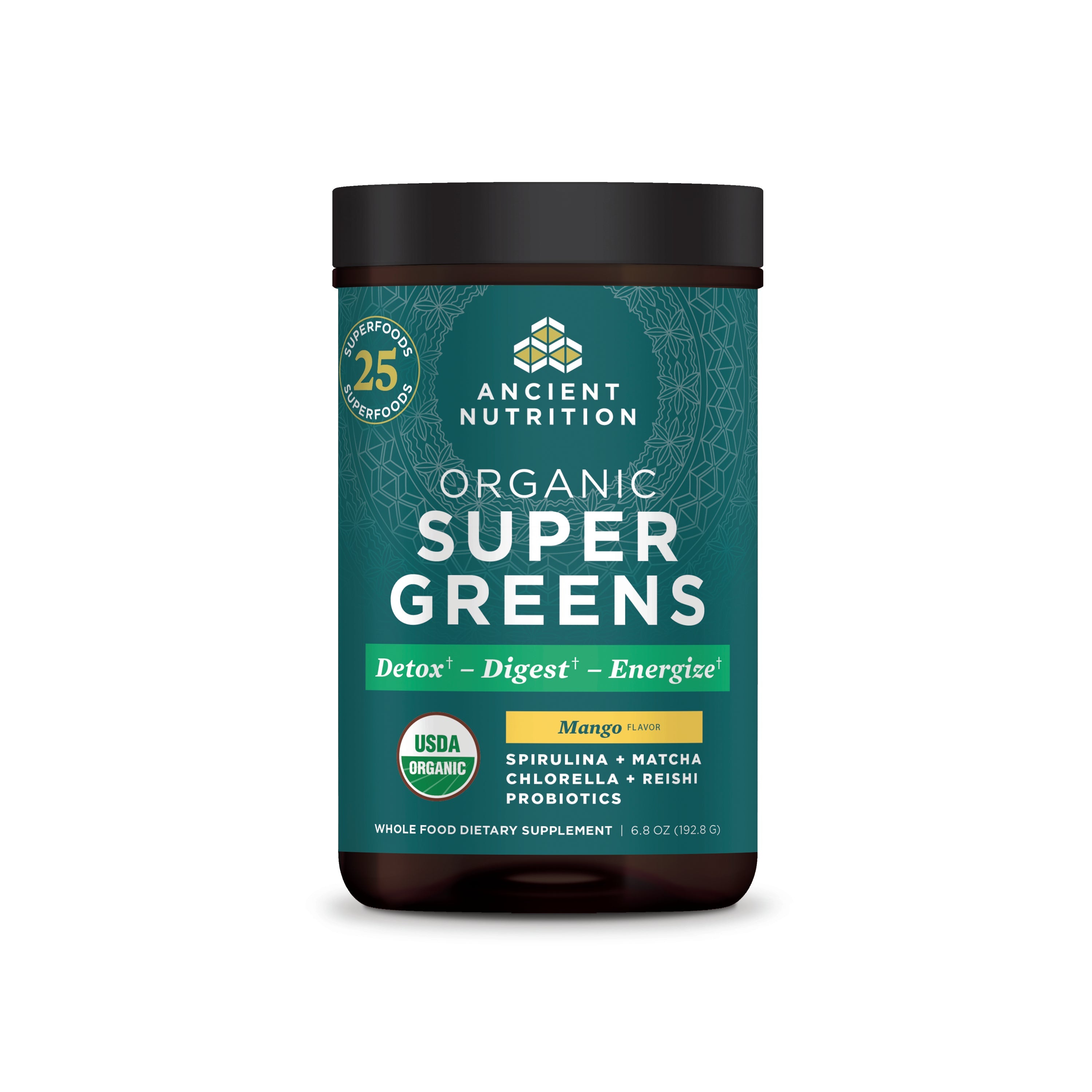Organic SuperGreens Powder Mango Flavor (25 Servings) bottle