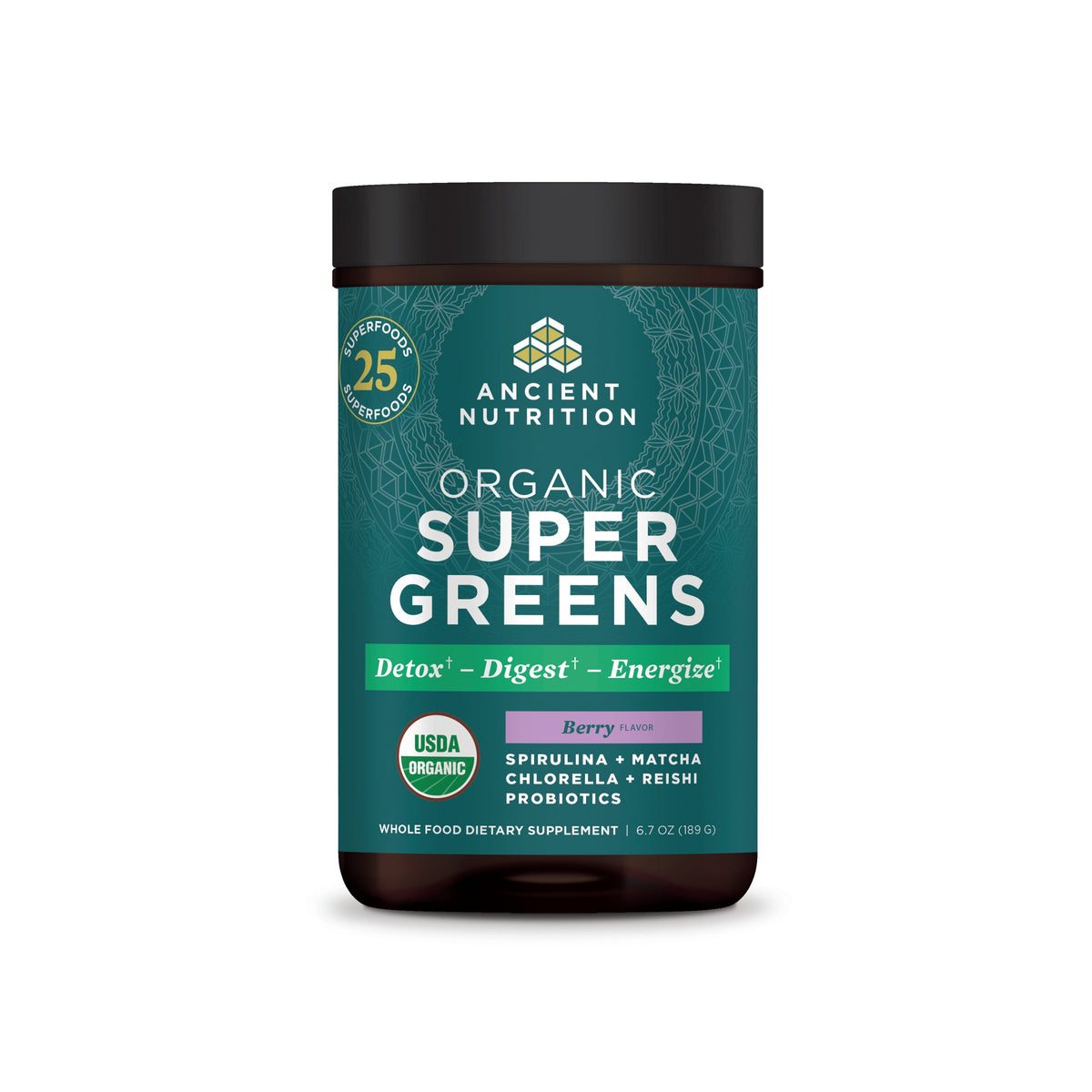 Organic SuperGreens Powder Berry Flavor (25 Servings) bottle
