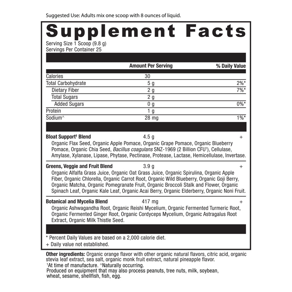 Organic SuperGreens Bloat Relief† Powder Pineapple Orange Flavor (25 Servings) supplement facts panel