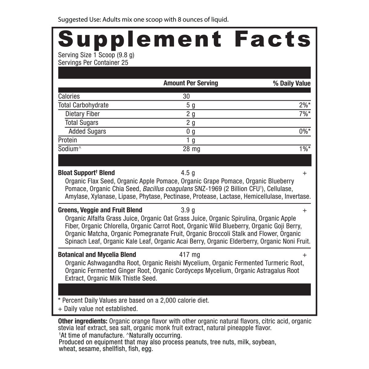 Organic SuperGreens Bloat Relief† Powder Pineapple Orange Flavor (25 Servings) supplement facts panel