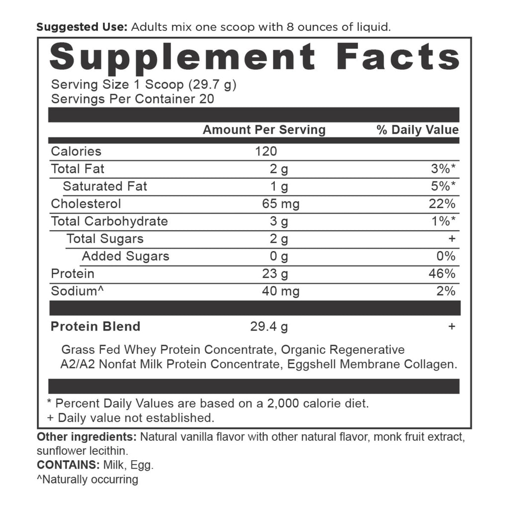 Whey Protein Powder Vanilla (20 Servings) supplement facts panel