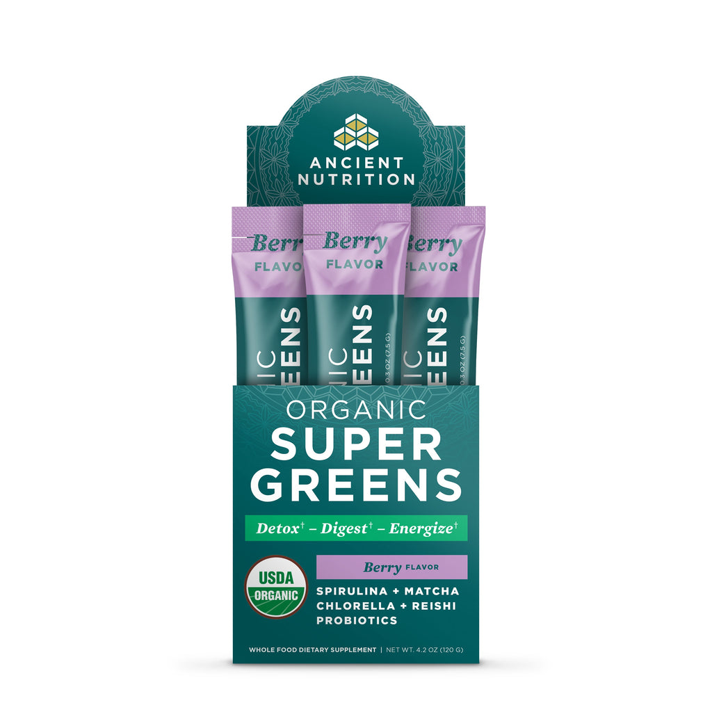 Organic SuperGreens Stick Packs Powder Berry Flavor 16 Count Box bottle