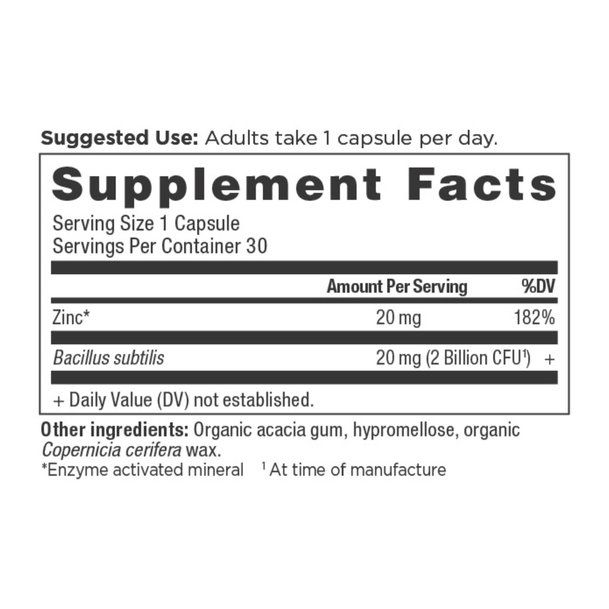 Ancient Nutrients Zinc + Probiotics Capsules (30 Servings) supplement facts panel