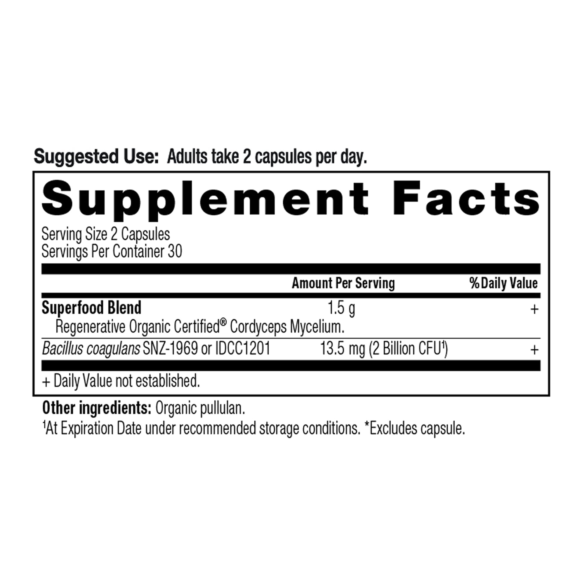 Regenerative Organic Certified® Cordyceps Capsules (30 Servings) supplement facts panel