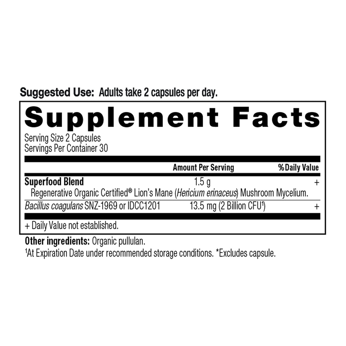 Regenerative Organic Certified® Lion's Mane Capsules (30 Servings) supplement facts panel
