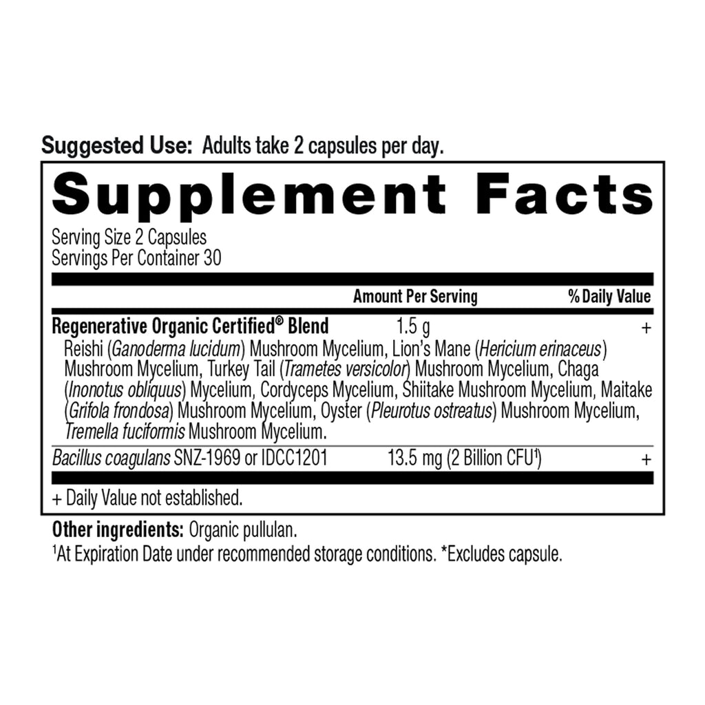 Regenerative Organic Certified® Multi Mushroom Capsules (30 Servings) supplement facts panel
