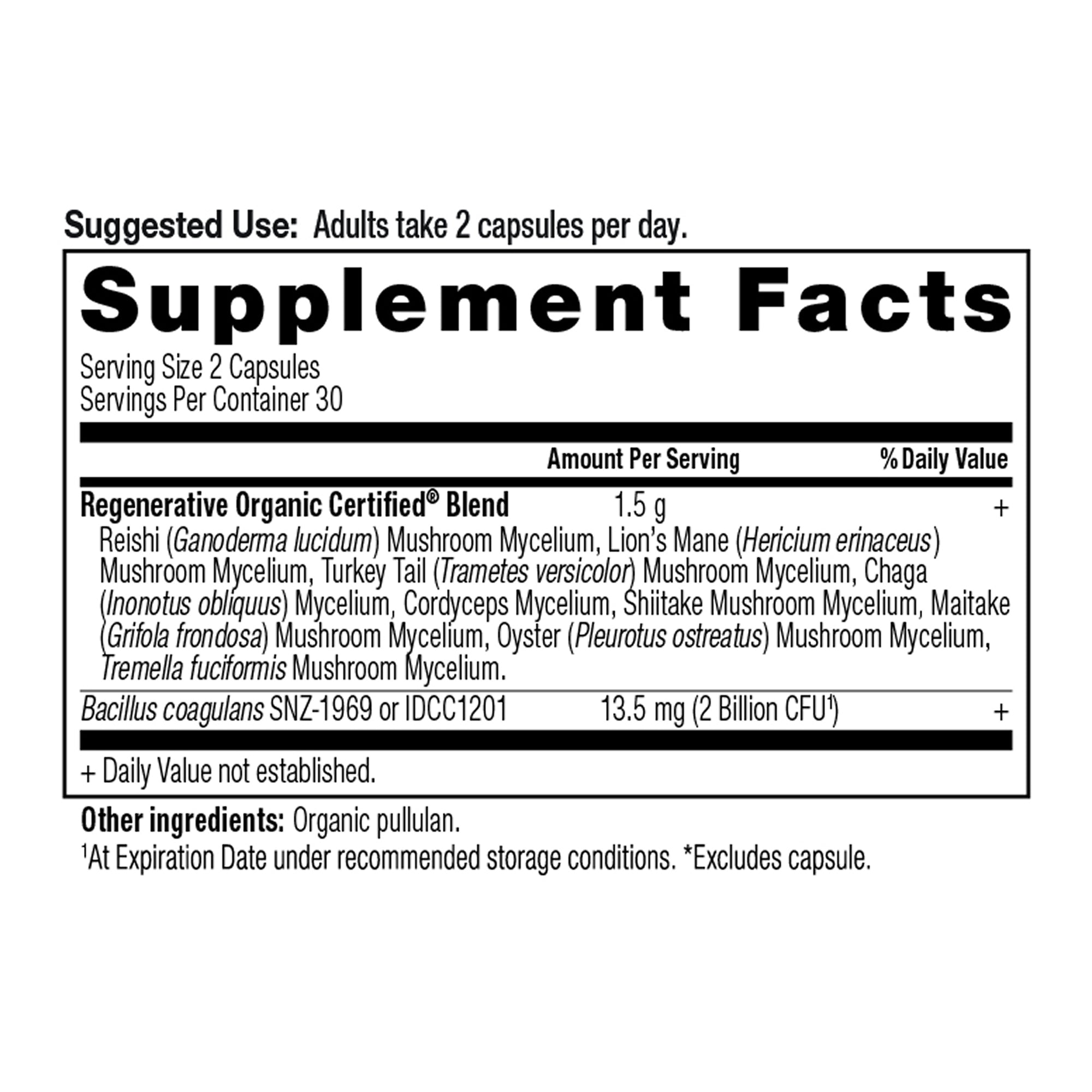 Regenerative Organic Certified® Multi Mushroom Capsules (30 Servings) supplement facts panel