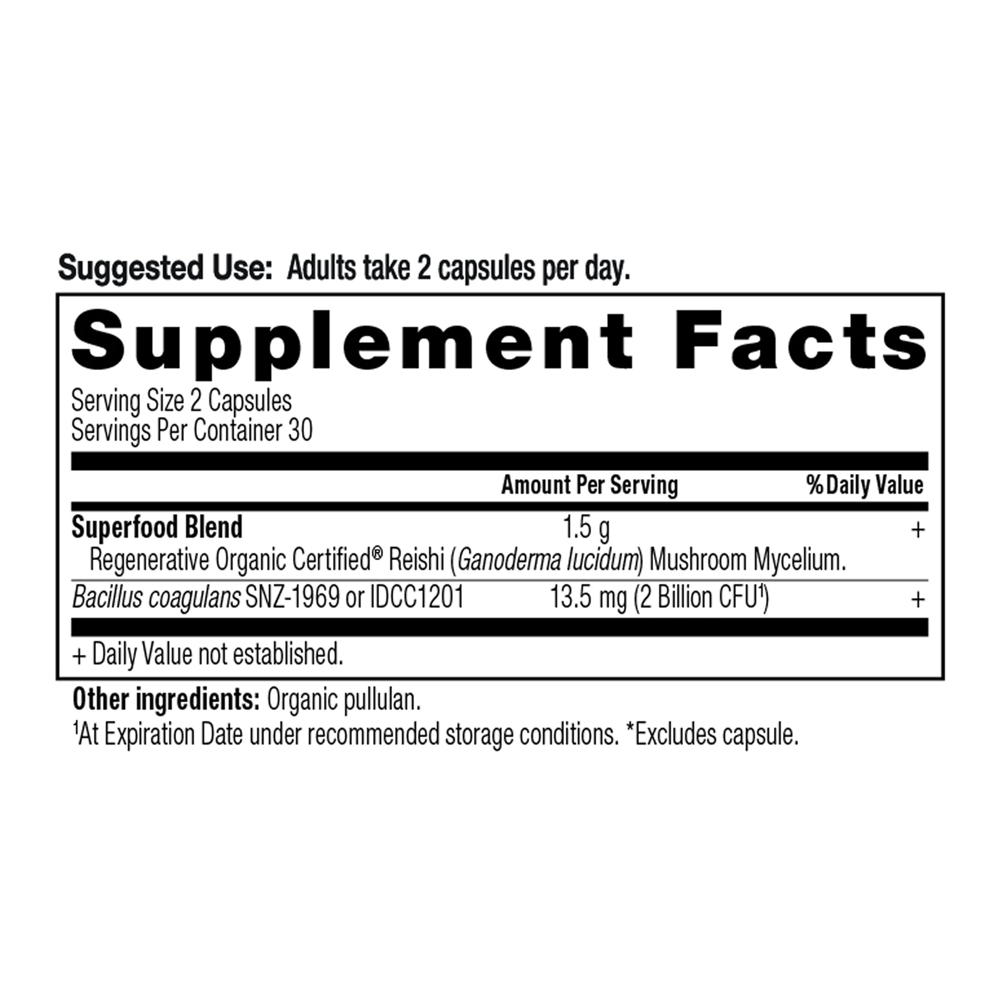 Regenerative Organic Certified® Reishi Capsules (30 Servings) supplement facts panel