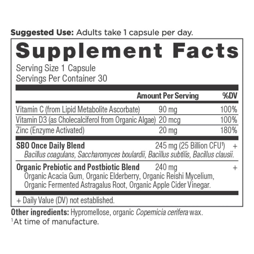SBO Probiotics Immune Once Daily (30 Capsules) supplement facts panel