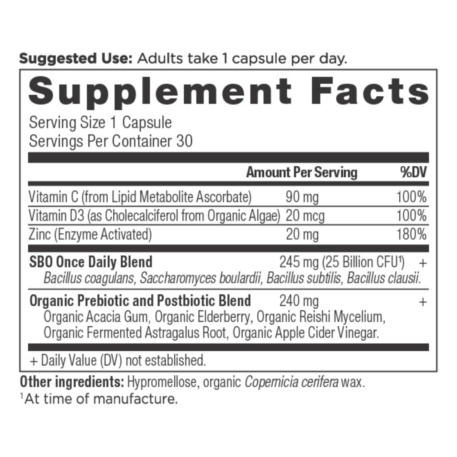 SBO Probiotics Immune Once Daily (30 Capsules) supplement facts panel
