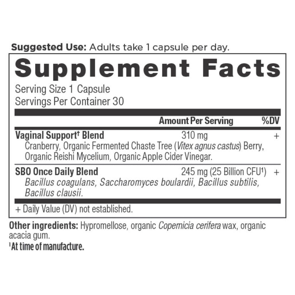 SBO Probiotics Vaginal Once Daily (30 Capsules) supplement facts panel