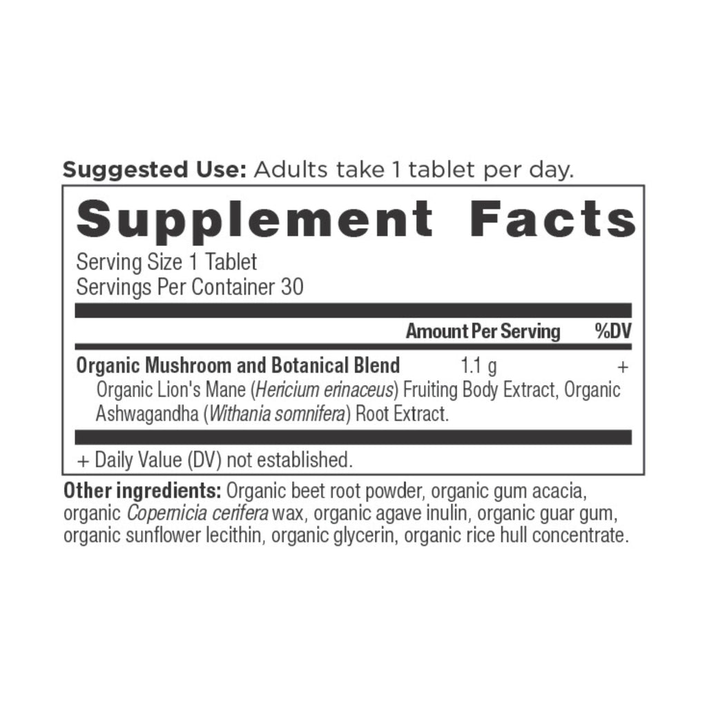 Lion's Mane Mental Clarity and Concentration Tablets (30 Tablets) supplement facts panel
