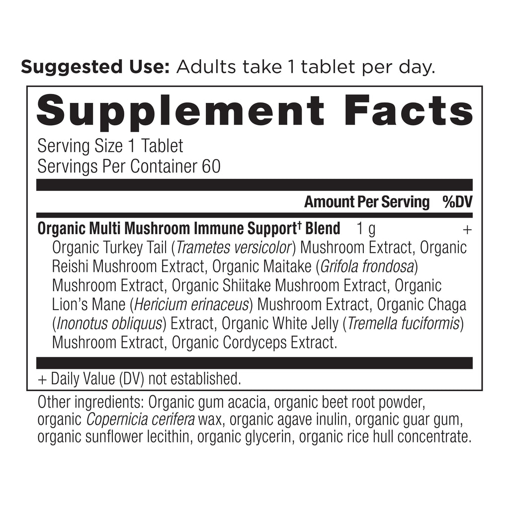 Multi Mushroom Daily Immune Defense Tablets (60 Tablets) supplement facts panel