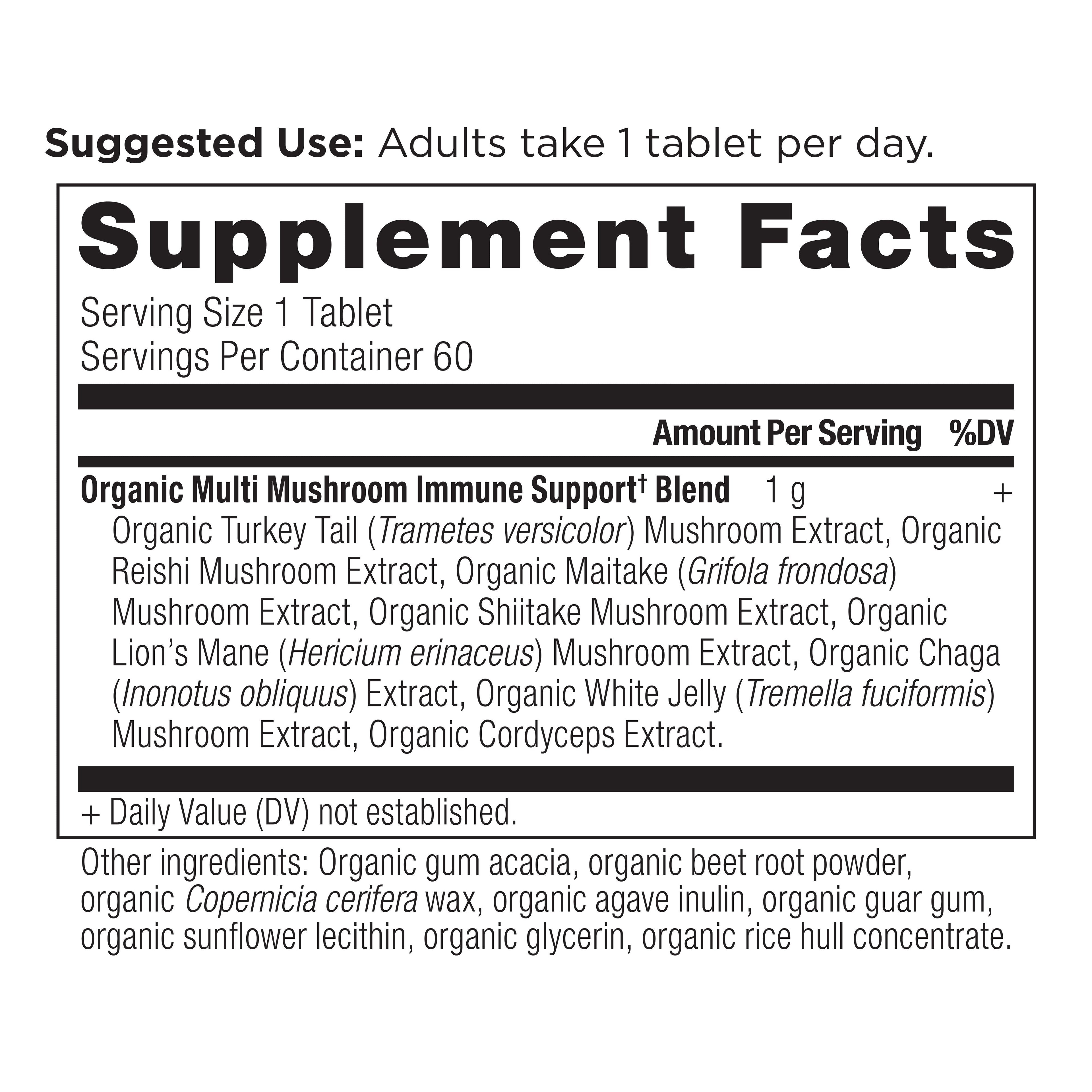 Multi Mushroom Daily Immune Defense Tablets (60 Tablets) supplement facts panel