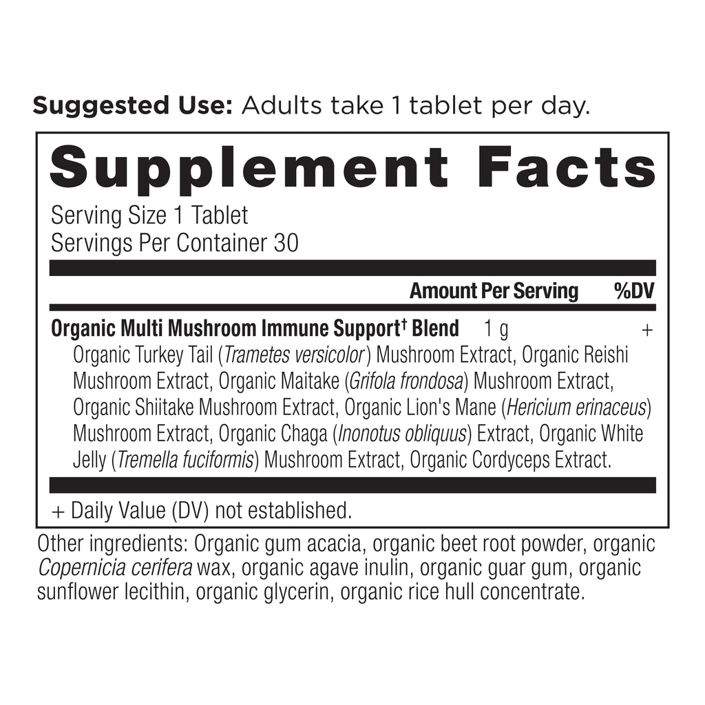 Multi Mushroom Daily Immune Defense Tablets (30 Tablets) supplement facts panel