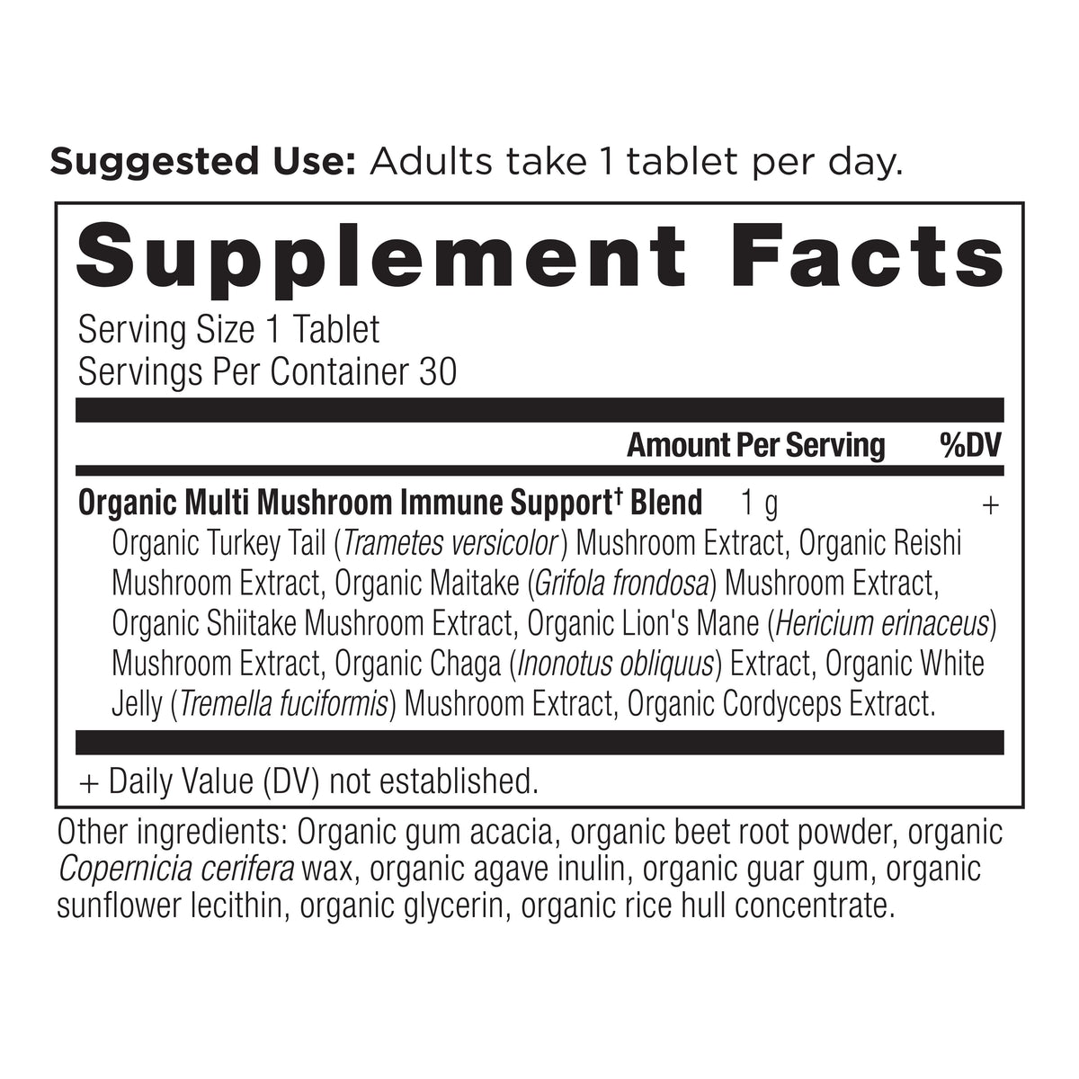 Multi Mushroom Daily Immune Defense Tablets (30 Tablets) supplement facts panel