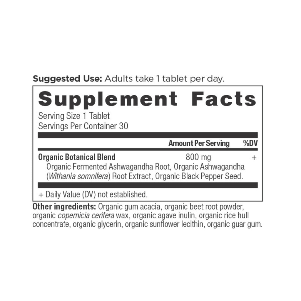 Organic Ashwagandha Tablets (30 Tablets) supplement facts panel