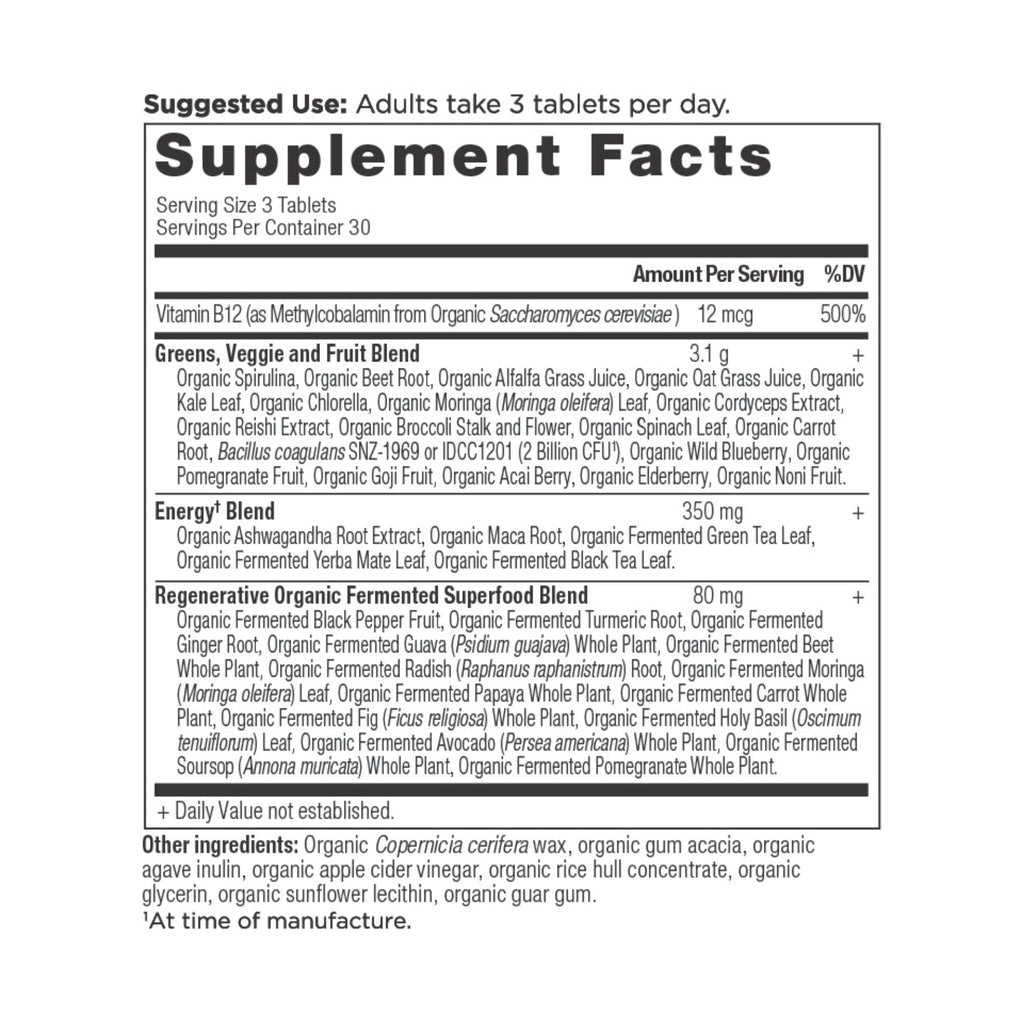 Organic SuperGreens Energizer Tablets (90 Tablets) supplement facts panel