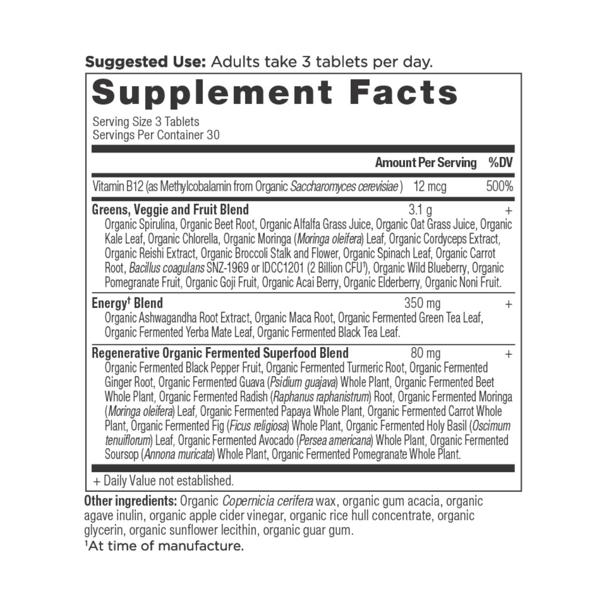 Organic SuperGreens Energizer Tablets (90 Tablets) supplement facts panel