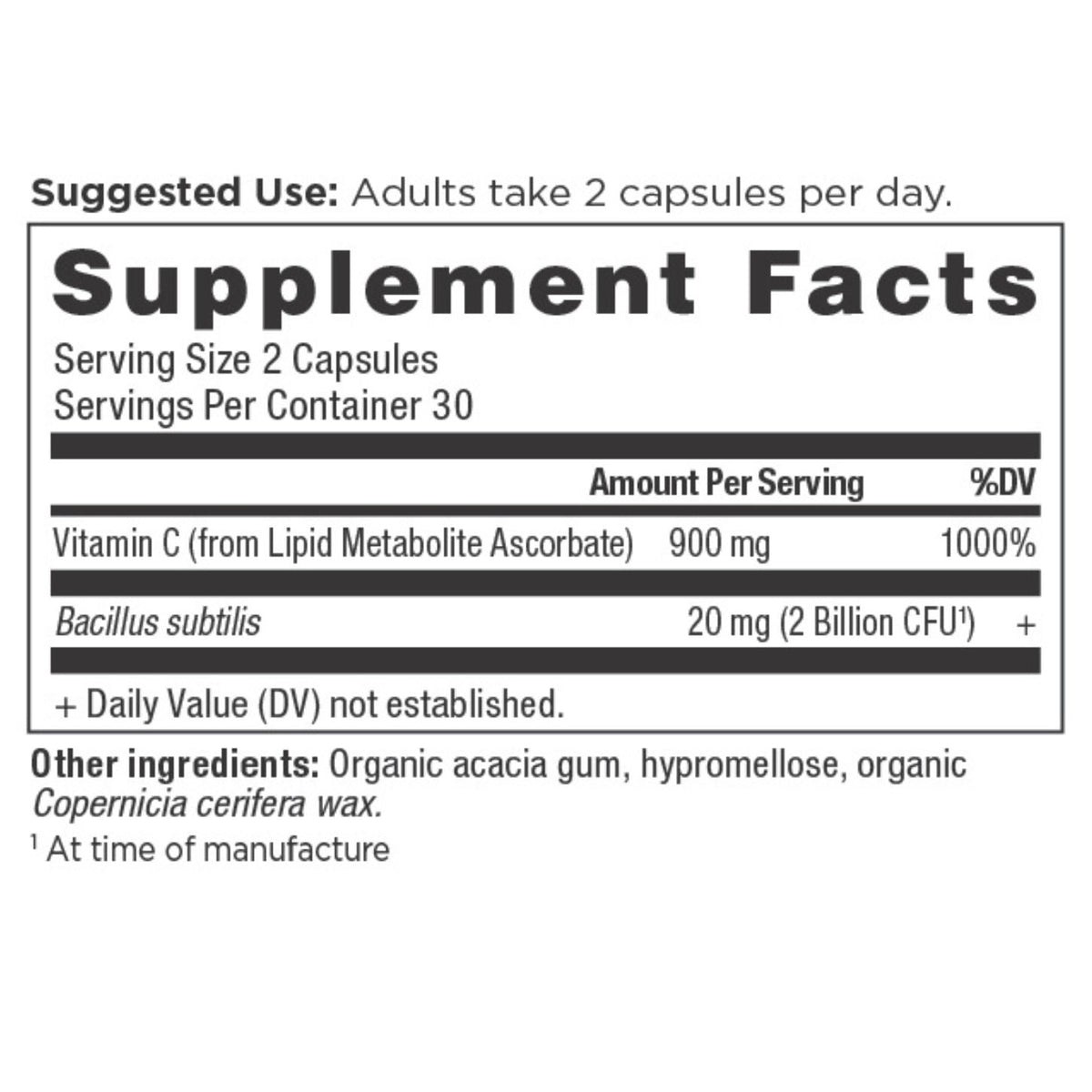 Ancient Nutrients Vitamin C + Probiotics Capsules (30 Servings) supplement facts panel