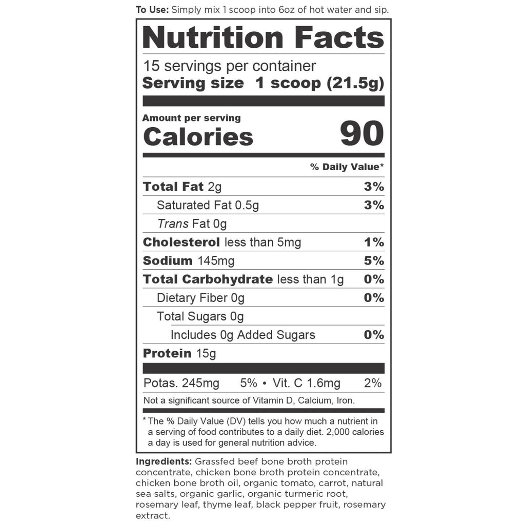 Bone Broth Protein Powder Chicken Soup (15 Servings) supplement facts panel