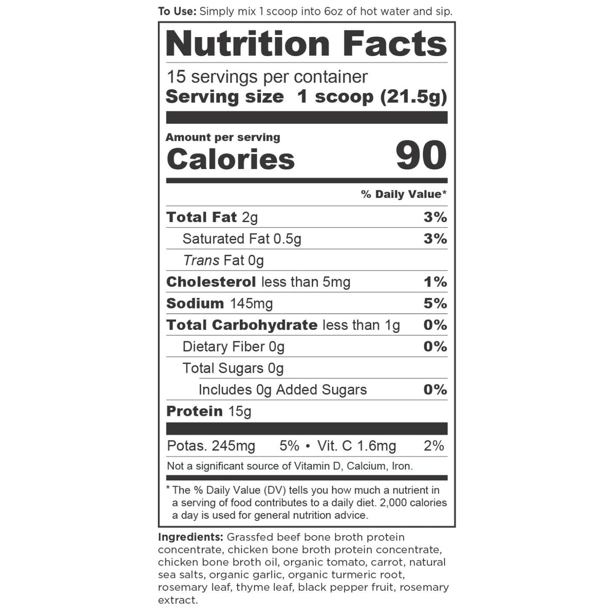 Bone Broth Protein Powder Chicken Soup (15 Servings) supplement facts panel