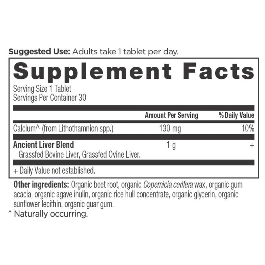 Grass-Fed Liver Once Daily Tablets (30 Servings) supplement facts panel