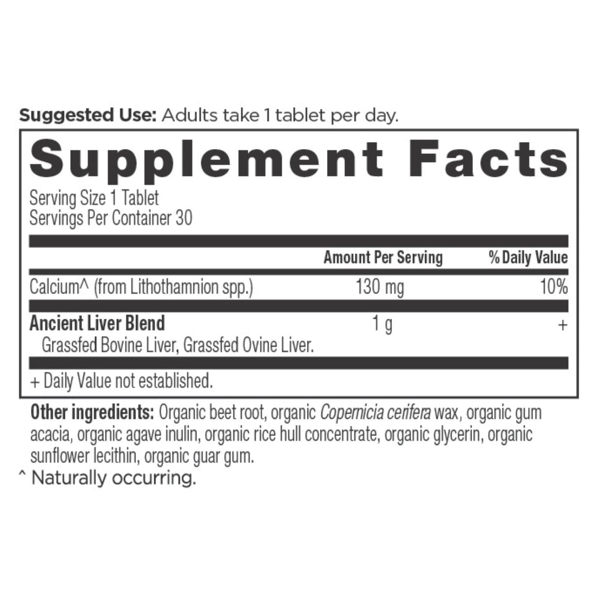 Grass-Fed Liver Once Daily Tablets (30 Servings) supplement facts panel