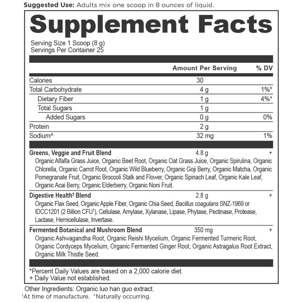 Organic SuperGreens Powder Greens Flavor (25 Servings) supplement facts panel