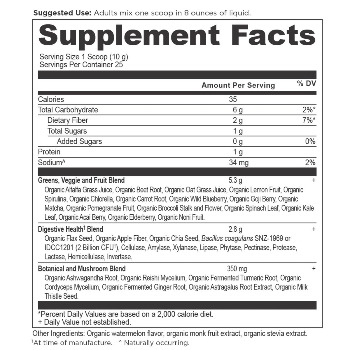 Organic SuperGreens Powder Watermelon Flavor (25 Servings) supplement facts panel
