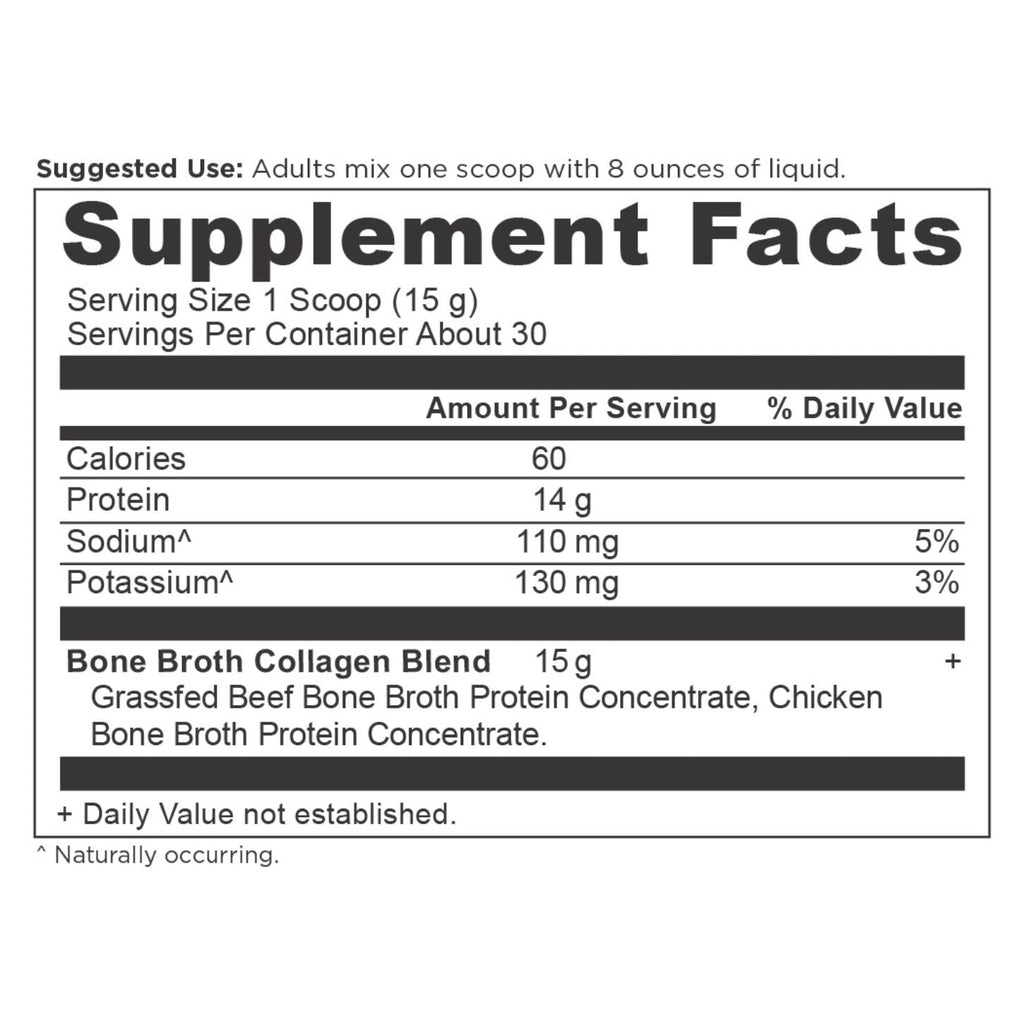 Bone Broth Collagen Protein Powder Pure (30 Servings) supplement facts panel