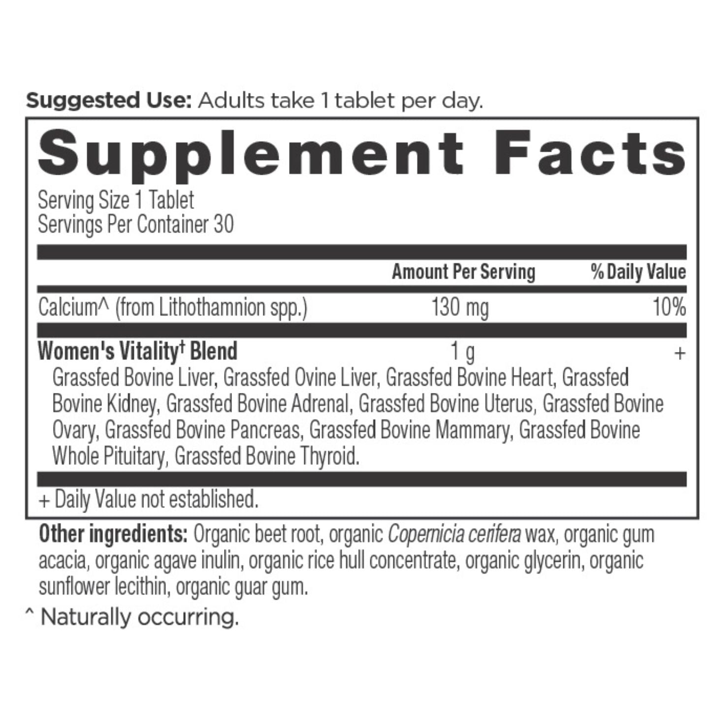 Women's Vitality Once Daily Tablets (30 Servings)  supplement label