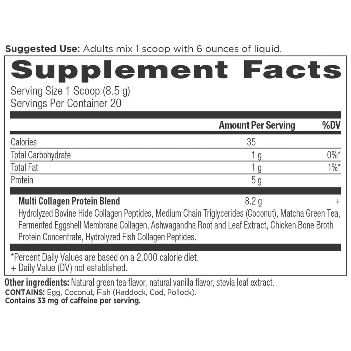 Collagen Matcha Energizer Powder (20 Servings) supplement facts panel