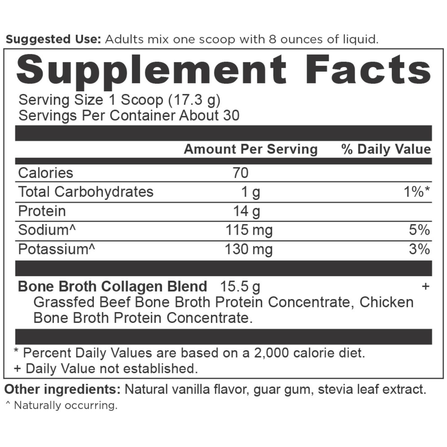 Bone Broth Collagen Protein Powder Vanilla (30 Servings) supplement facts panel