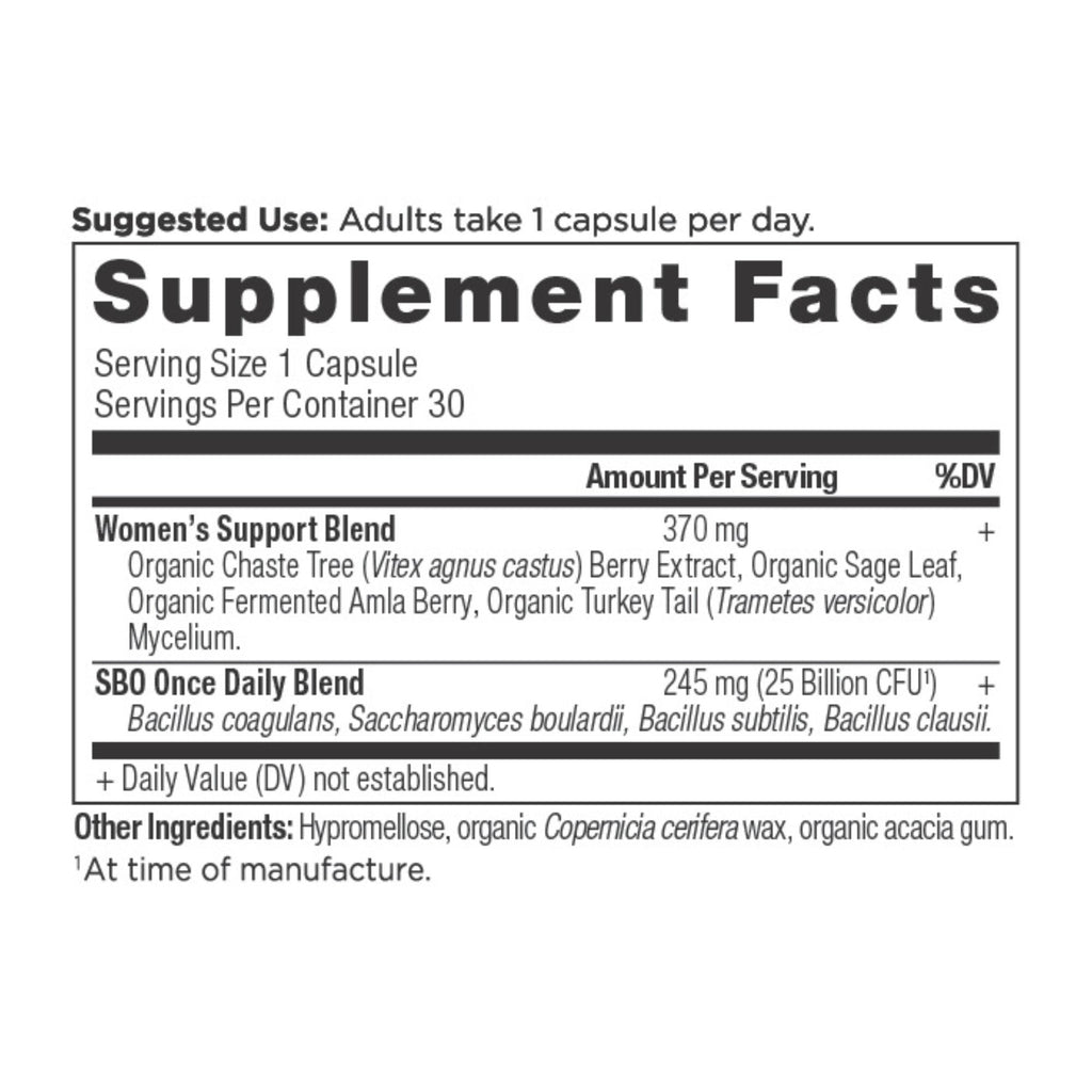 SBO Probiotics Women's Once Daily (30 Capsules) supplement facts panel