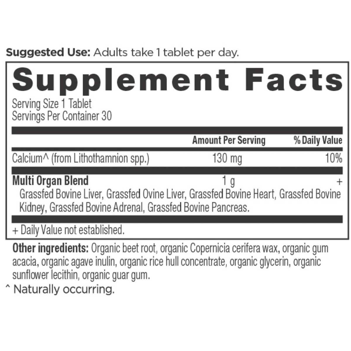 Organs Blend Once Daily Tablets (30 Tablets) supplement facts panel